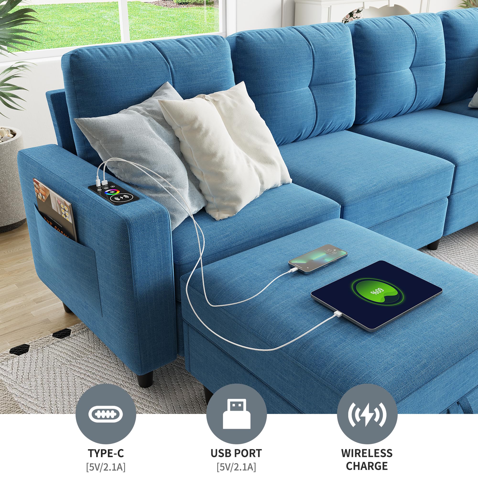 Lvifur LED Sectional Couches for Living Room, Modern Modular Sectional Sofa with Charging Station, U-Shaped 4 Seat Sofa Set with Chaise and Storage Ottomans (Blue)