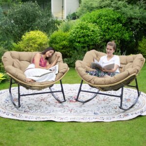 papasan rocking chair set of 2,outdoor indoor 450 lbs large size wicker rattan papasan recliner chair with padded cushion,patio lounge rocker chairs for balcony porch garden living room (brown)