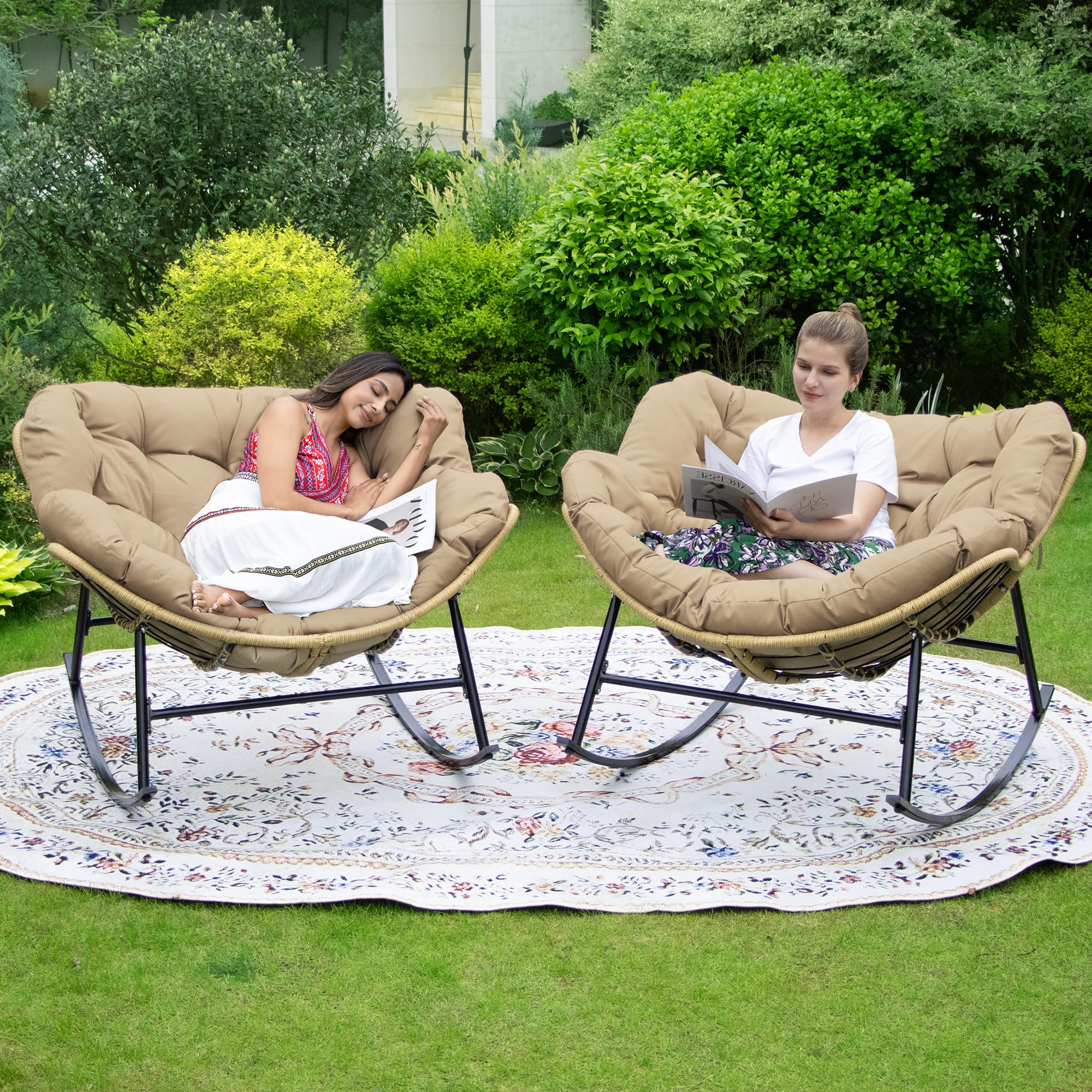 Papasan Rocking Chair Set of 2,Outdoor Indoor 450 lbs large Size Wicker Rattan Papasan Recliner Chair with Padded Cushion,Patio Lounge Rocker Chairs for Balcony Porch Garden Living Room (Brown)