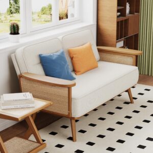 ALISH Loveseat Small Sofa Couch with Rattan Armrest Modern Settee Bench Dining Banquette Seat for Kitchen Dining Room Living Room