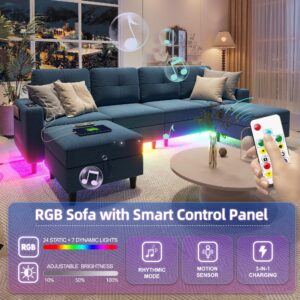 Lvifur LED Sectional Couches for Living Room, Modern Modular Sectional Sofa with Charging Station, U-Shaped 4 Seat Sofa Set with Chaise and Storage Ottomans (Blue)