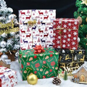 Christmas Wrapping Paper for Women Men Boys Girls,12Pcs Xmas Gift Wrapping Paper with Reindeer, Christmas Tree, Snowflakes, "Merry Christmas" Words, Candy Canes, Bells, Holiday Gift Wrap 20×29 Inch