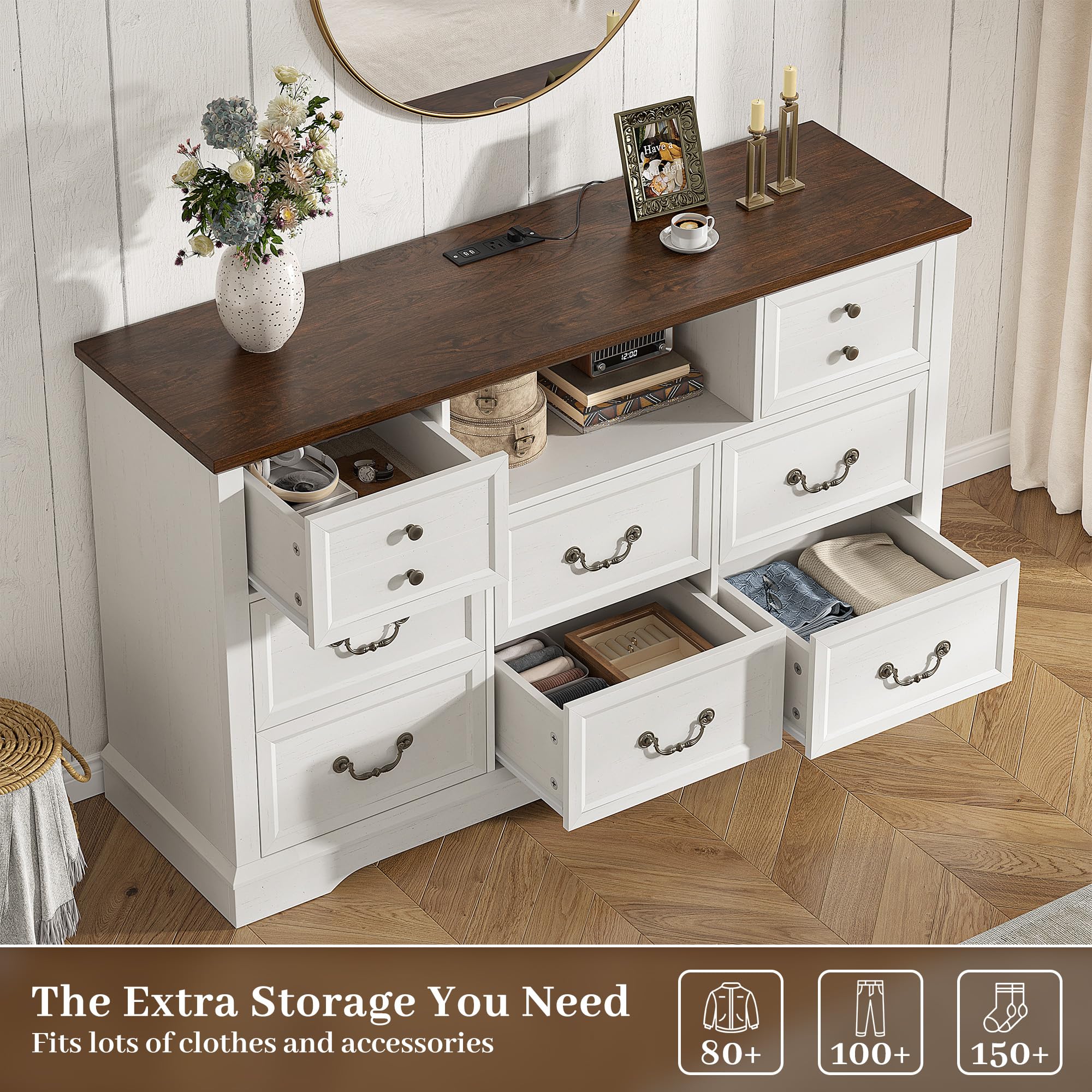 EnHomee 8 Drawers Dresser with Power Outlets and LED Lights, 55 Inch Wide Rustic Wood Dressers & Chest of Drawers for Bedroom, Hallway, Closet, White, 55" W x 34.5" H x 15.7" D