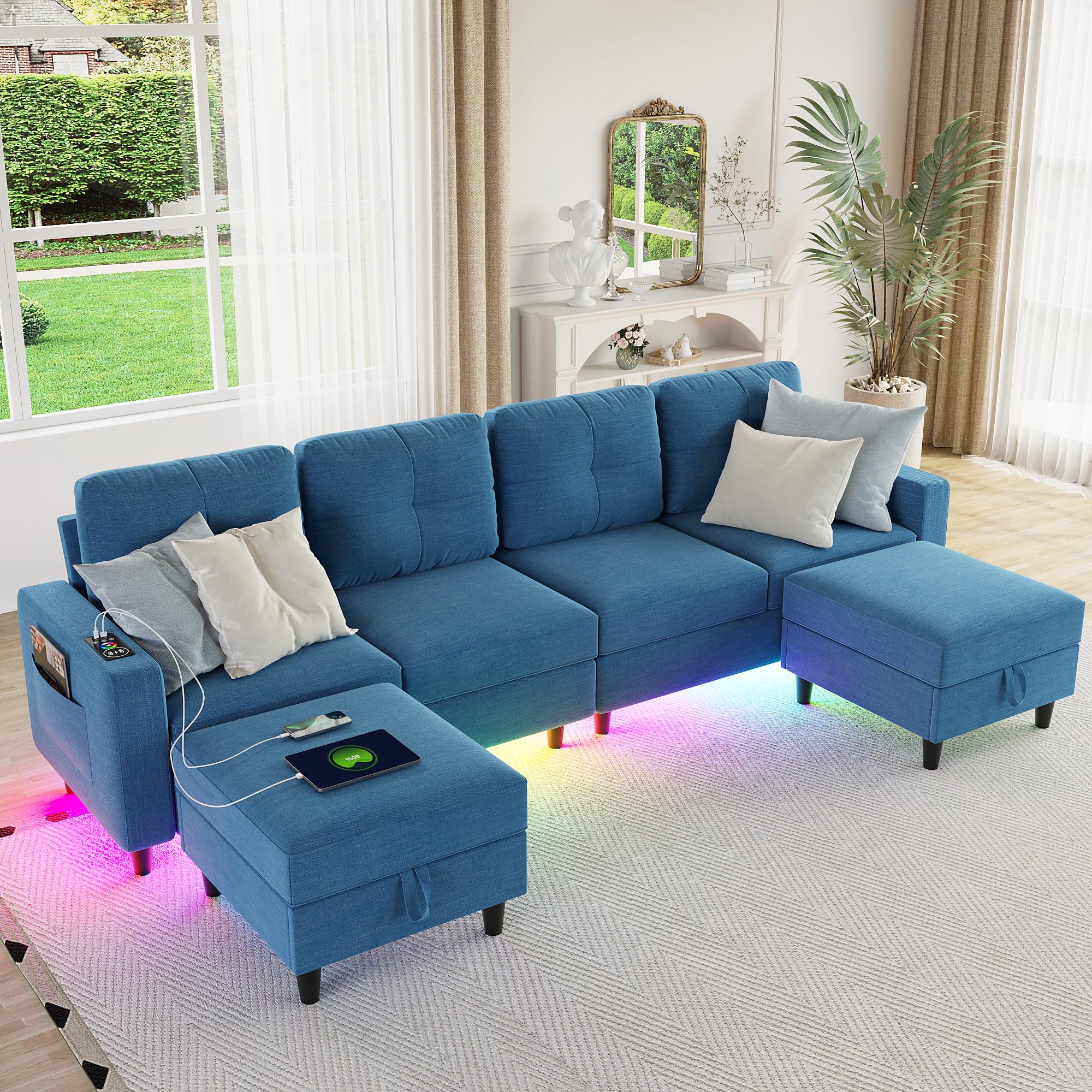 Lvifur LED Sectional Couches for Living Room, Modern Modular Sectional Sofa with Charging Station, U-Shaped 4 Seat Sofa Set with Chaise and Storage Ottomans (Blue)