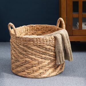 Round Water Hyacinth Seagrass Woven Basket with Handles - 15" x 15" x 15" - Natural Brown - For Clothes, Towels, Canvas, Toys and Magazine Storage and Home Decoration