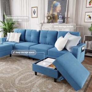 Lvifur LED Sectional Couches for Living Room, Modern Modular Sectional Sofa with Charging Station, U-Shaped 4 Seat Sofa Set with Chaise and Storage Ottomans (Blue)