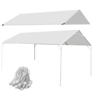 Eunika 10 x 20 Ft Carport Replacement Canopy Cover Garage Car Top Tent 180G PE Fabric Shelter Tarp Tent with 50 Ball Bungee Cords, Waterproof & UV Protected (Only Cover, Frame Not Include), White