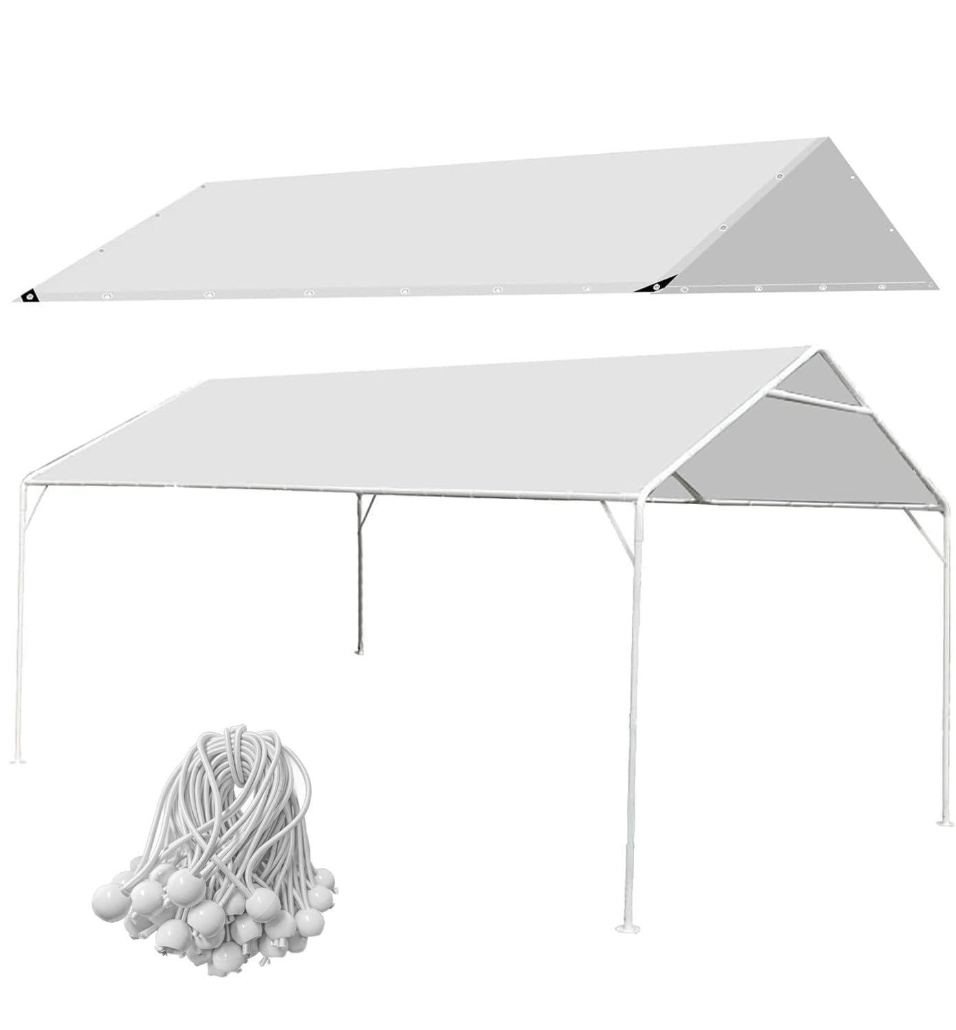 Eunika 10 x 20 Ft Carport Replacement Canopy Cover Garage Car Top Tent 180G PE Fabric Shelter Tarp Tent with 50 Ball Bungee Cords, Waterproof & UV Protected (Only Cover, Frame Not Include), White