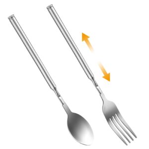 gjinxi 2pcs extendable fork and spoon, long handle telescoping fork, stainless steel retractable fork, food-grade metal tableware, spoon and fork extender set for dinner fruit dessert bbq