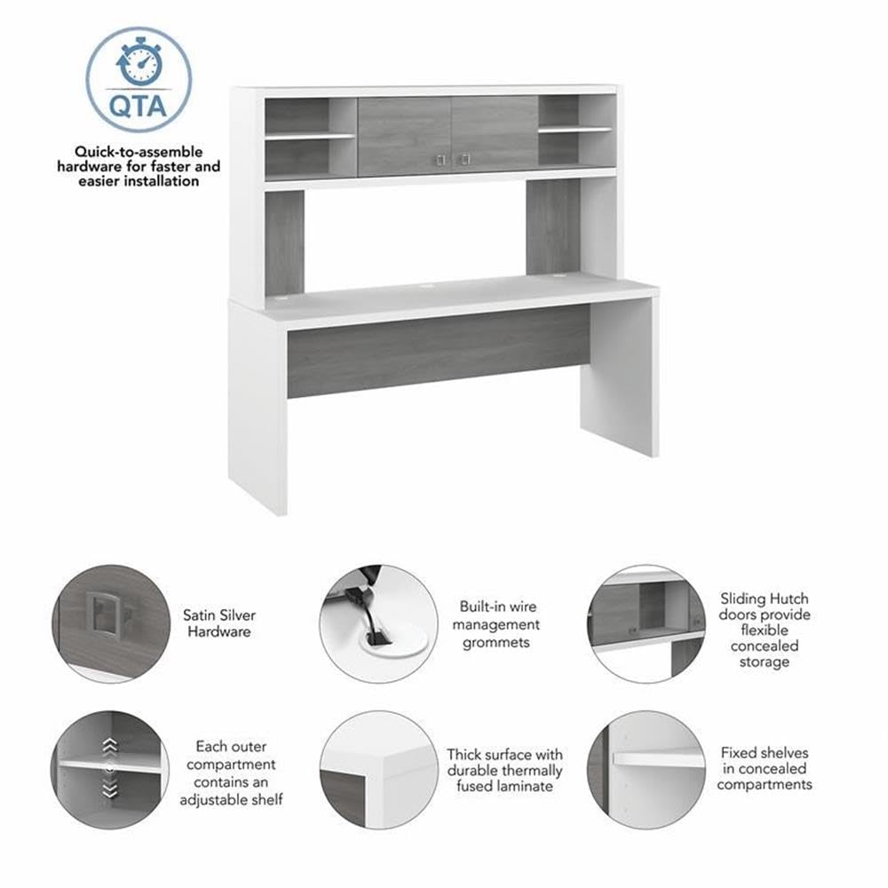 Pemberly Row 72W Computer Desk with Hutch in Pure White & Gray - Engineered Wood