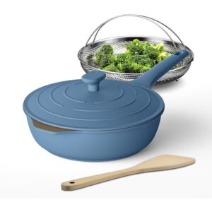 ligtspce always nonstick multipurpose saute pan,all-in-one pan,large skillet with strainer,deep frying pan with lid(11-inch), pfoa free non stick chef’s pan,dishwasher and oven safe（cerulean）