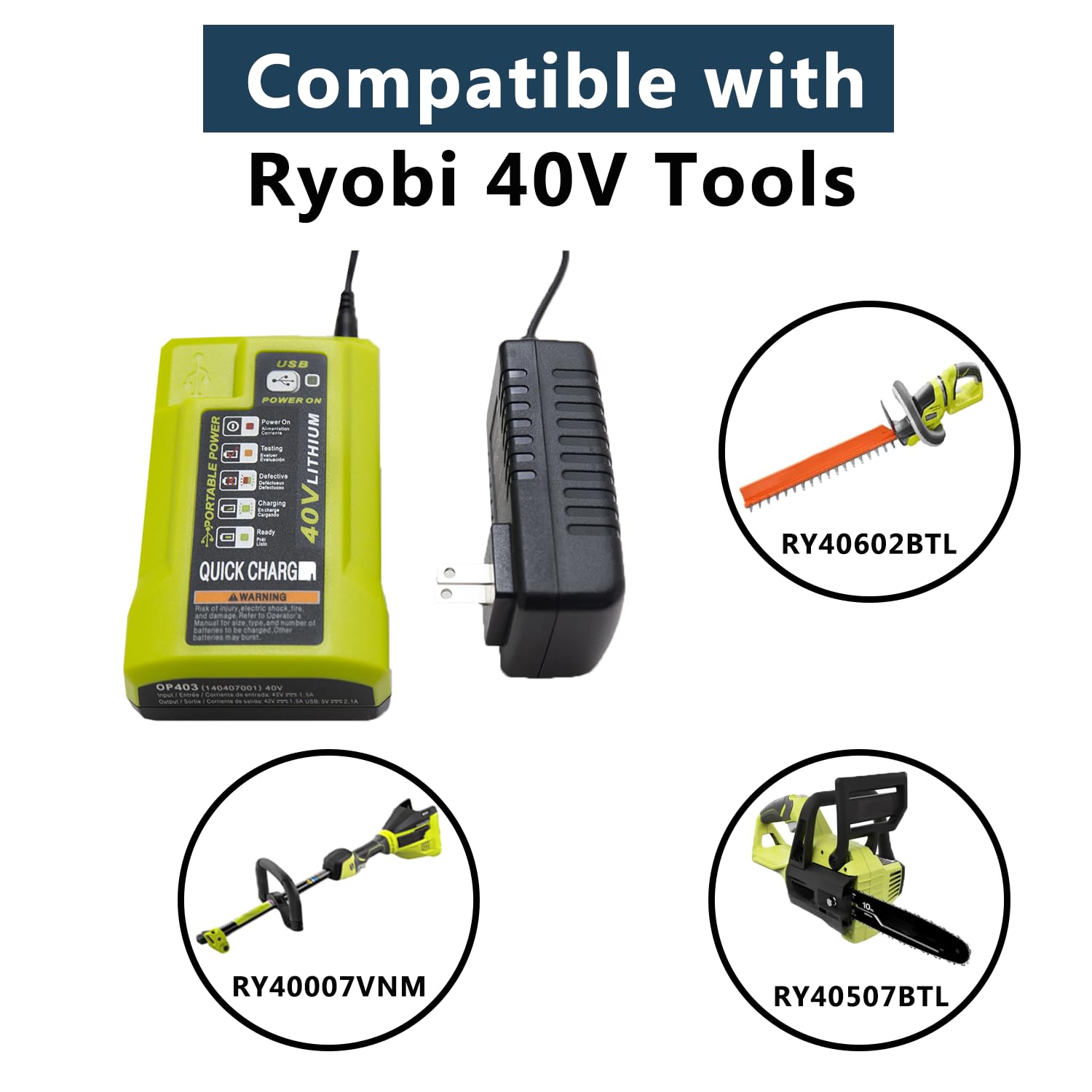 OP403 USB Port Battery Charger Replacement for Ryobi 40 Volt Battery Charger P401A OP403 OP403A OP404A OP400 OP401 OP400A OP406A, Compatible with Ryobi 40 Volt li-ion Battery OP40401 OP4040A OP1020A