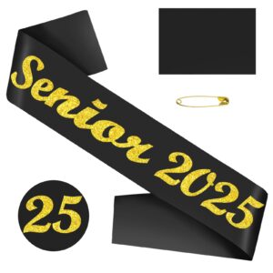 generic senior sash 2025, graduation sash black with gold glitter letter, finally graduated, class of 2025 sash for graduation party, cheerleader party celebration decorations