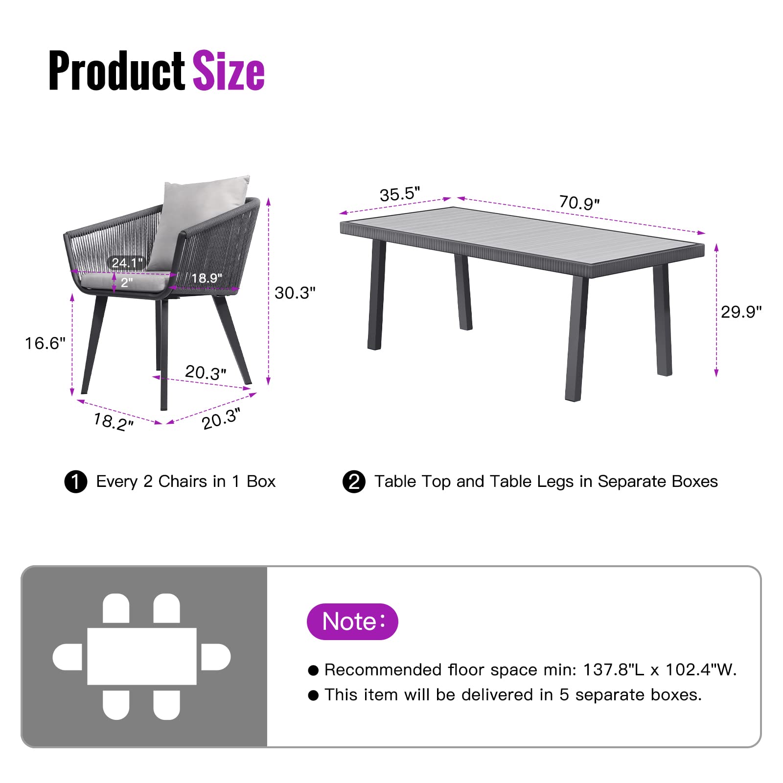 Astomi 7 Pieces Outdoor Patio Dining Set, Rattan Patio Furniture Table and Chairs for 6 with Cushion, for Backyard, Balcony, Garden (Light Grey)