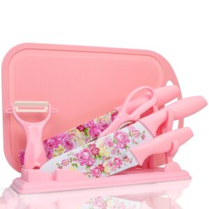 vsiaisv kitchen knife set, pink flower 7-pieces stainless steel sharp chef cooking non-slip knife set with acrylic stand & block, non-stick colorful coating for women and family (pink)