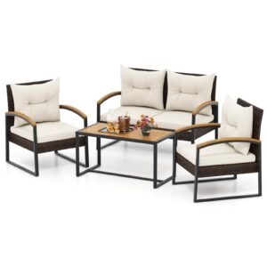 tangkula 4 piece patio conversation set, with heavy duty solid acacia wood armrests & tabletop, outdoor cushioned wicker furniture set for backyard, poolside, lawn, blacony (1, off white)