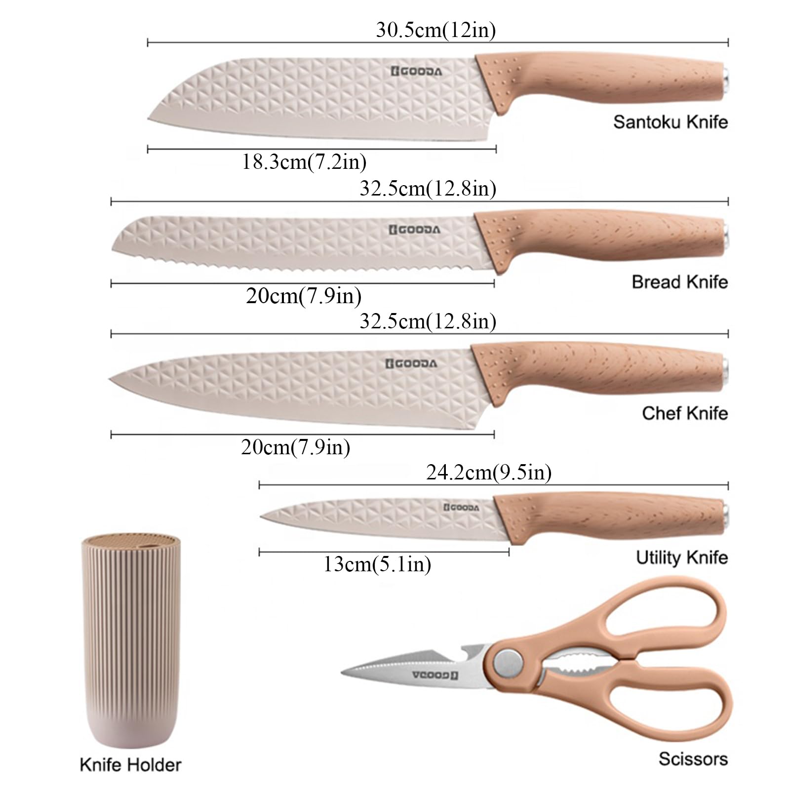 Knife Set, 6-Pieces Kitchen Knife Set for Chef,Wooden Coating Knife Set, Stainless Steel Non-stick Non-slip Super Sharp Blade Chef Knife Set with Block Suitable for Gift(Khaki)