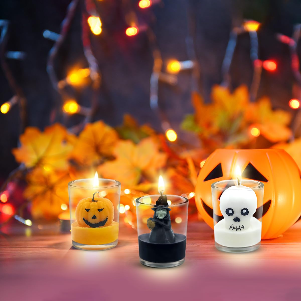 12 Pack Halloween Glass Votive Candles - Spooky Ghost, Pumpkin, and Witch Design - Decorative Halloween Tealight Candles for Home Decor, Parties, and Trick-or-Treating