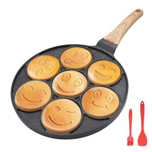 bobikuke nonstick pancake pan, smiley face pancake frying pan, 7 holes mini pancake maker for kids 10.4 in, gas only - black