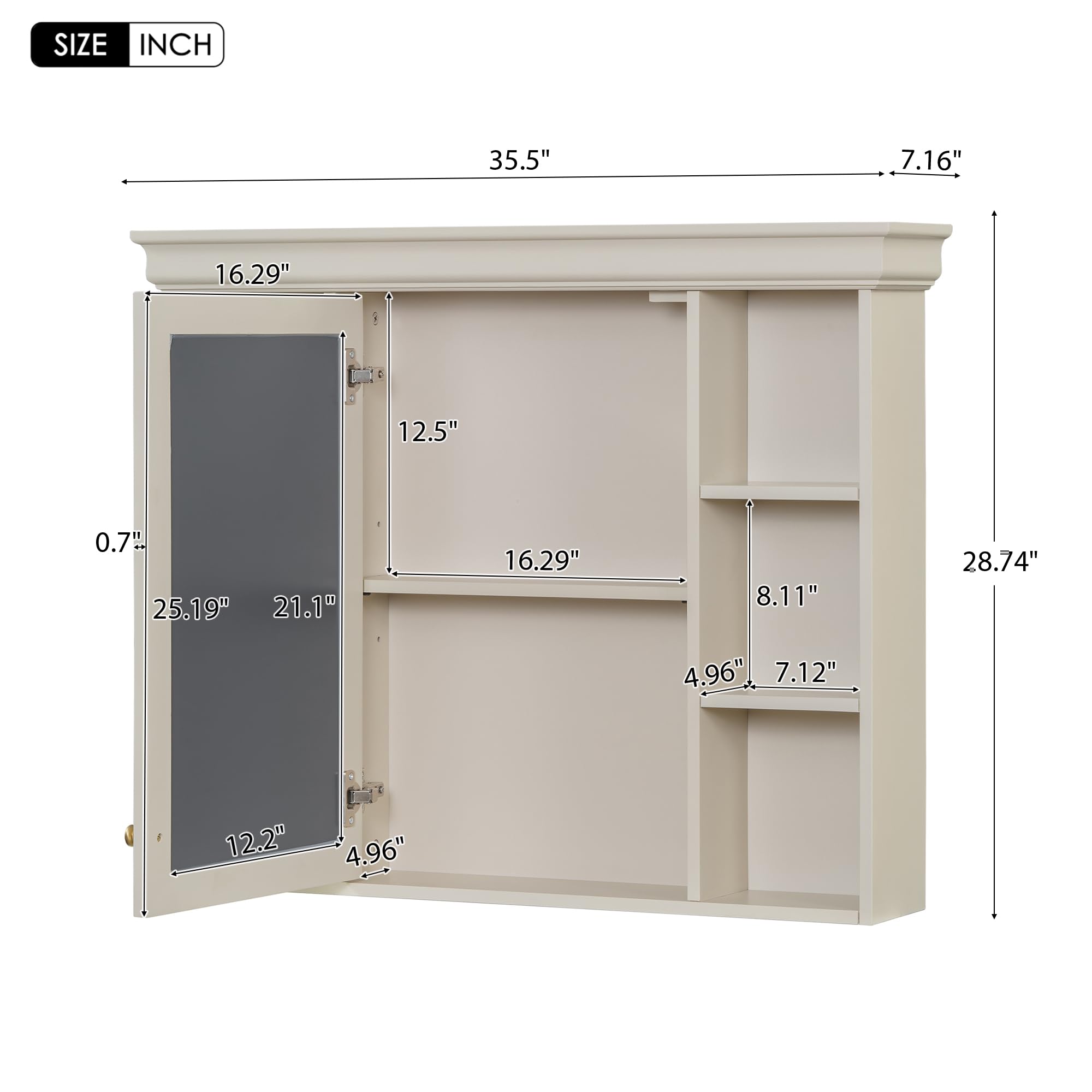 LUMISOL Wall Mounted Bathroom Storage Cabinet with Mirror Door, Modern Bathroom Wall Cabinet with 6 Open Storage Shelves, Wooden Medicine Cabinet for Bathroom, Living Room, Beige