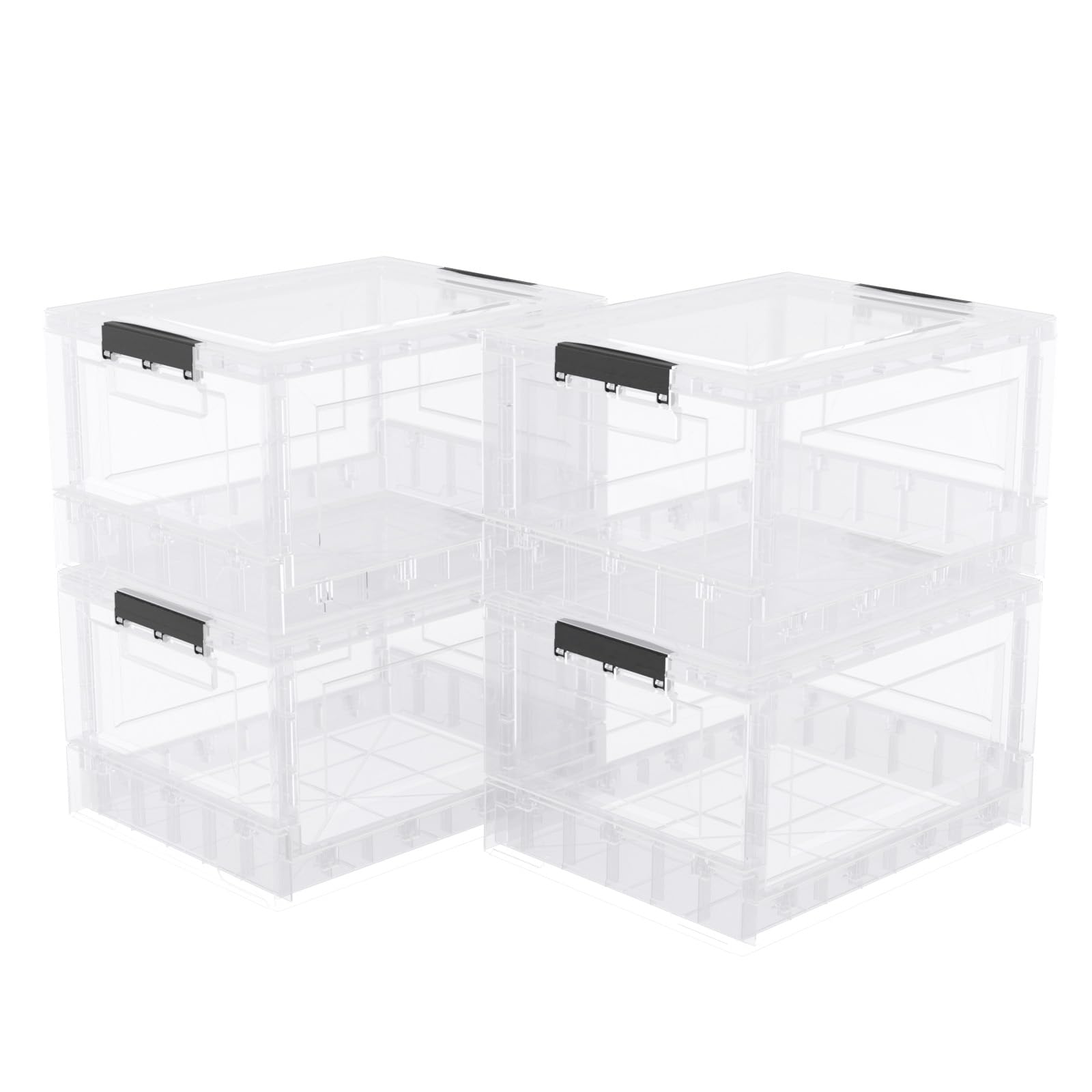 Jekiyo 30 L Clear Plastic Collapsible Storage Box with Lid, Folding Crate Storage Bin, 4 Packs