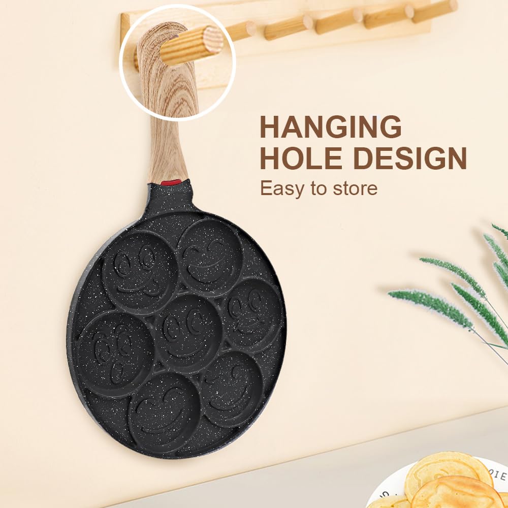 Bobikuke Nonstick Pancake Pan, Smiley Face Pancake Frying Pan, 7 Holes Mini Pancake Maker for Kids 10.4 in, Gas only - Black