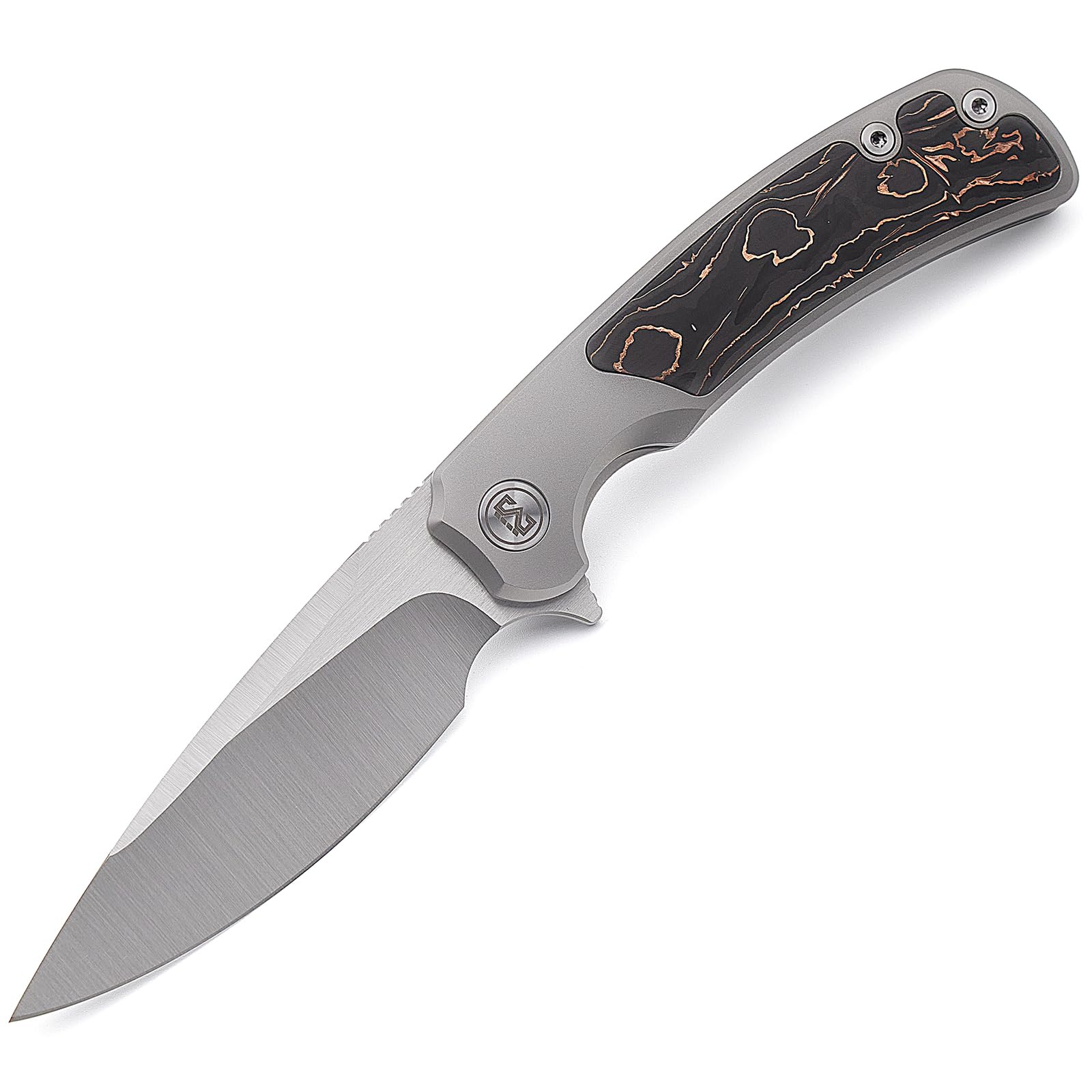 Miguron Knives M Tamto Flipper Folding Knife,3.48" Hand Ground Hollow Rubbed Satin M390 Blade Titanium Handle With Bronze Carbon Fiber Inlay,Camping Hiking Pocket Knife MGR-619CBN