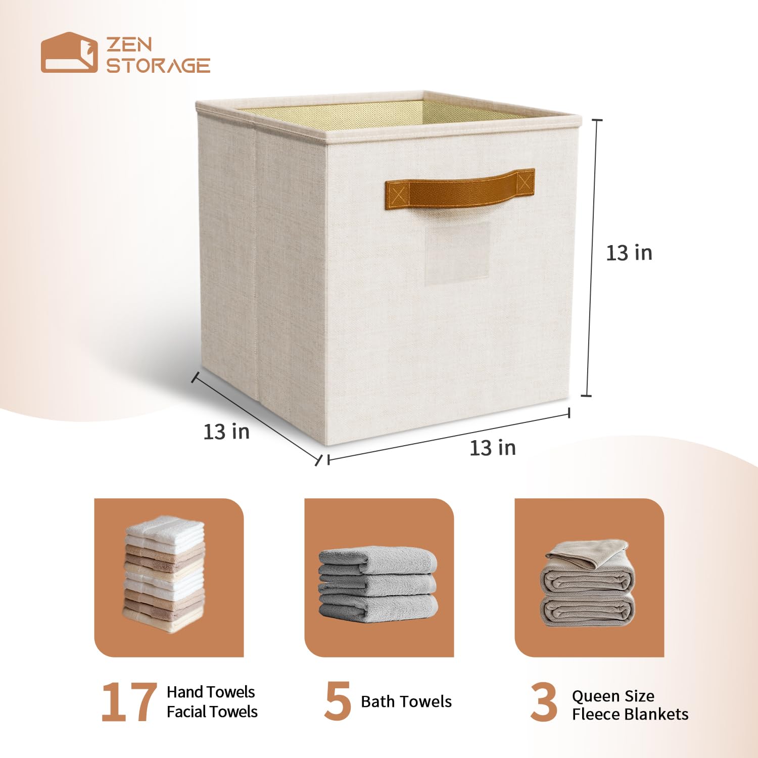 13"x13" Cube Boxes, Cube Storage Bins with Handles for Closet,Foldable Linen Storage Bins with Handles for Clothes, Yarns, Towels, Blankets,Toys, Beige, 4 Pack