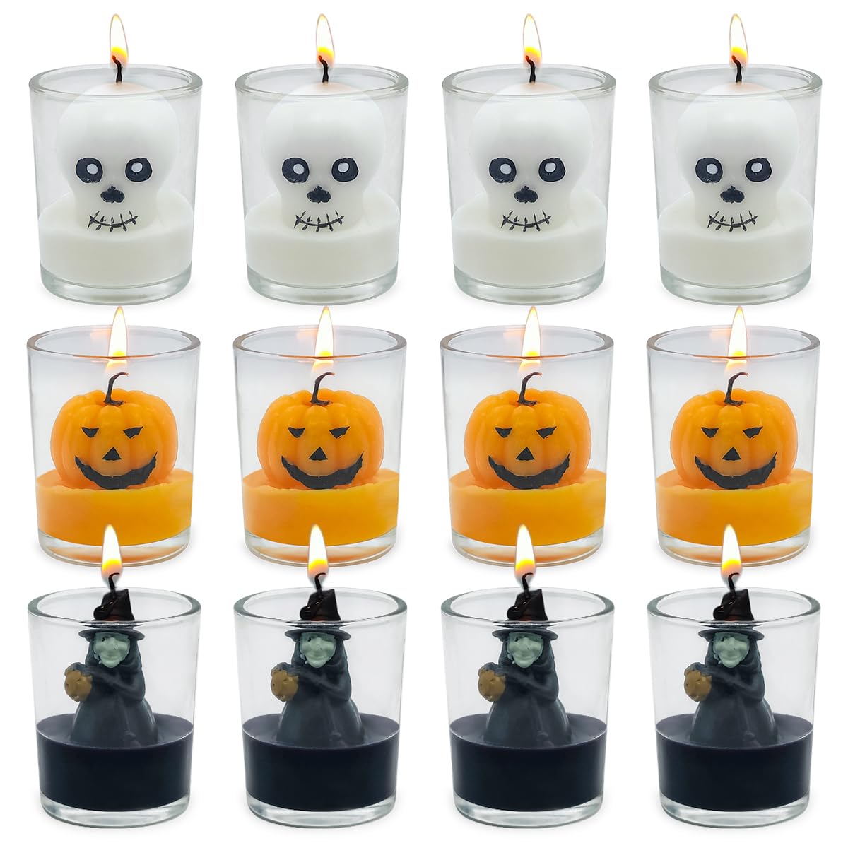 12 Pack Halloween Glass Votive Candles - Spooky Ghost, Pumpkin, and Witch Design - Decorative Halloween Tealight Candles for Home Decor, Parties, and Trick-or-Treating