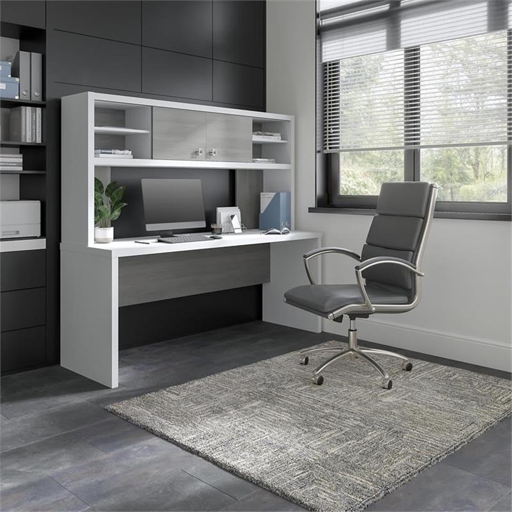 Pemberly Row 72W Computer Desk with Hutch in Pure White & Gray - Engineered Wood