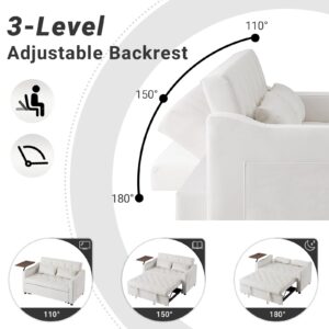 Skepphlay 3 in 1 Convertible Sofa, Sleeper Loveseat with Side Table, Pull Out Couch, 3-Level Adjustable Backrest, Recliner with 2 Pockets and 2 Pillows for Living Room Apartment Office, White