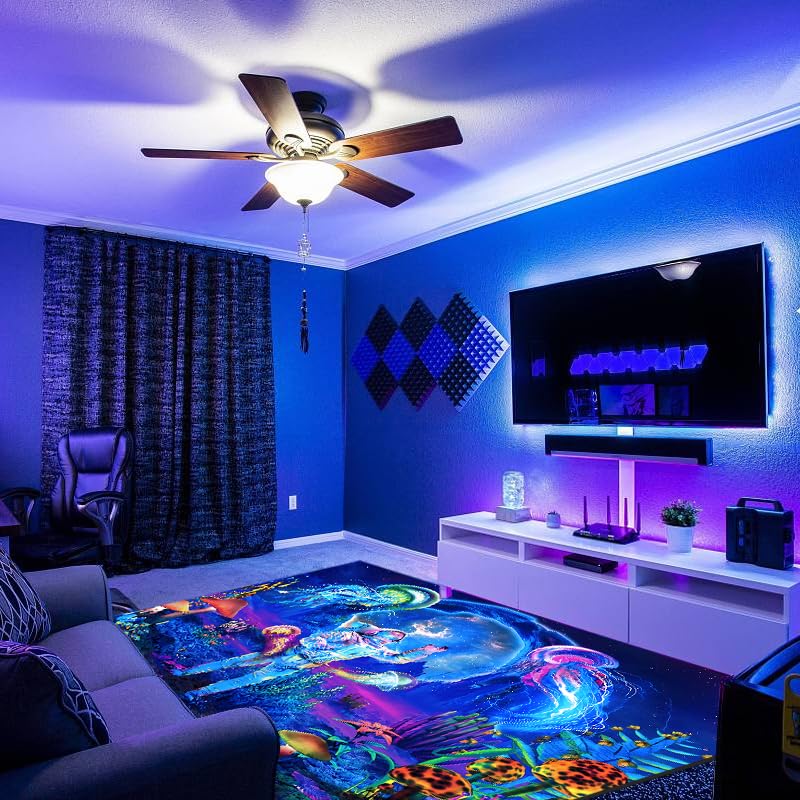 EISKBC Blacklight Astronaut Area Rug, Large Neon UV Reactive Kids Rug, Non-Slip Fluorescent Luminous Floor Mat Carpet, Glow in The Dark Plants Jellyfish Galaxy Space Bed Room Decor 70x47inch