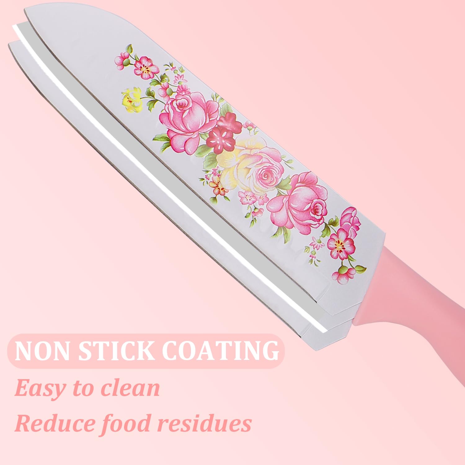 VSIAISV Kitchen Knife Set, Pink Flower 7-pieces Stainless Steel Sharp Chef Cooking Non-slip Knife Set with Acrylic Stand & Block, Non-stick Colorful Coating for Women and family (Pink)