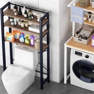 HOLMZCED 3 Tier Over The Washer and Dryer Storage Shelf, Freestanding Rack Shelf with Adjustable Feet Bathroom Storage Rack Wooden Laundry Shelf Organizer Oak for Bathroom Laundry Room Kitchen