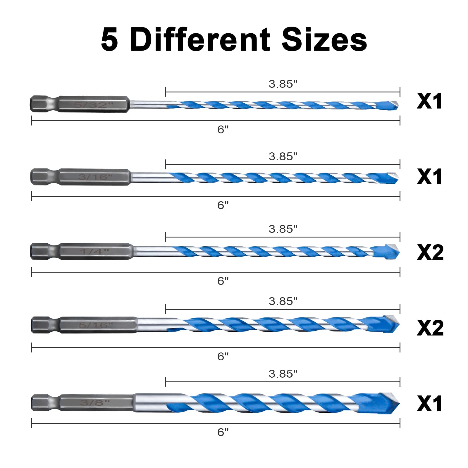 UBESTHS Concrete Drill Bit Set 7 Pcs, Masonry Drill Bit Set 5/32"-3/8", Shockproof Hex Shank Drill Bit Set, Industrial Carbide Drill Bits for Class/Brick/Plastic/Cement/Tile