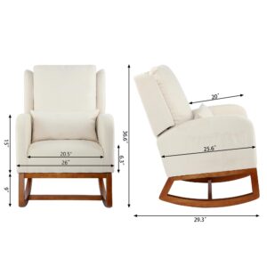 DAGONHIL Glider Chair Nursery Rocking Chair, High Back Armchair with Side Pocket, Upholstered Accent Chair with Rubber Wood Legs and Pillow, Flannel Chair for Living Room/Bedroom/Nursery, Beige