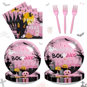 fiesec happy boo day party supplies tableware set, pink halloween party decorations for girl, trick or treat pumpkin ghost face plates, napkins, forks, serves 24 guests