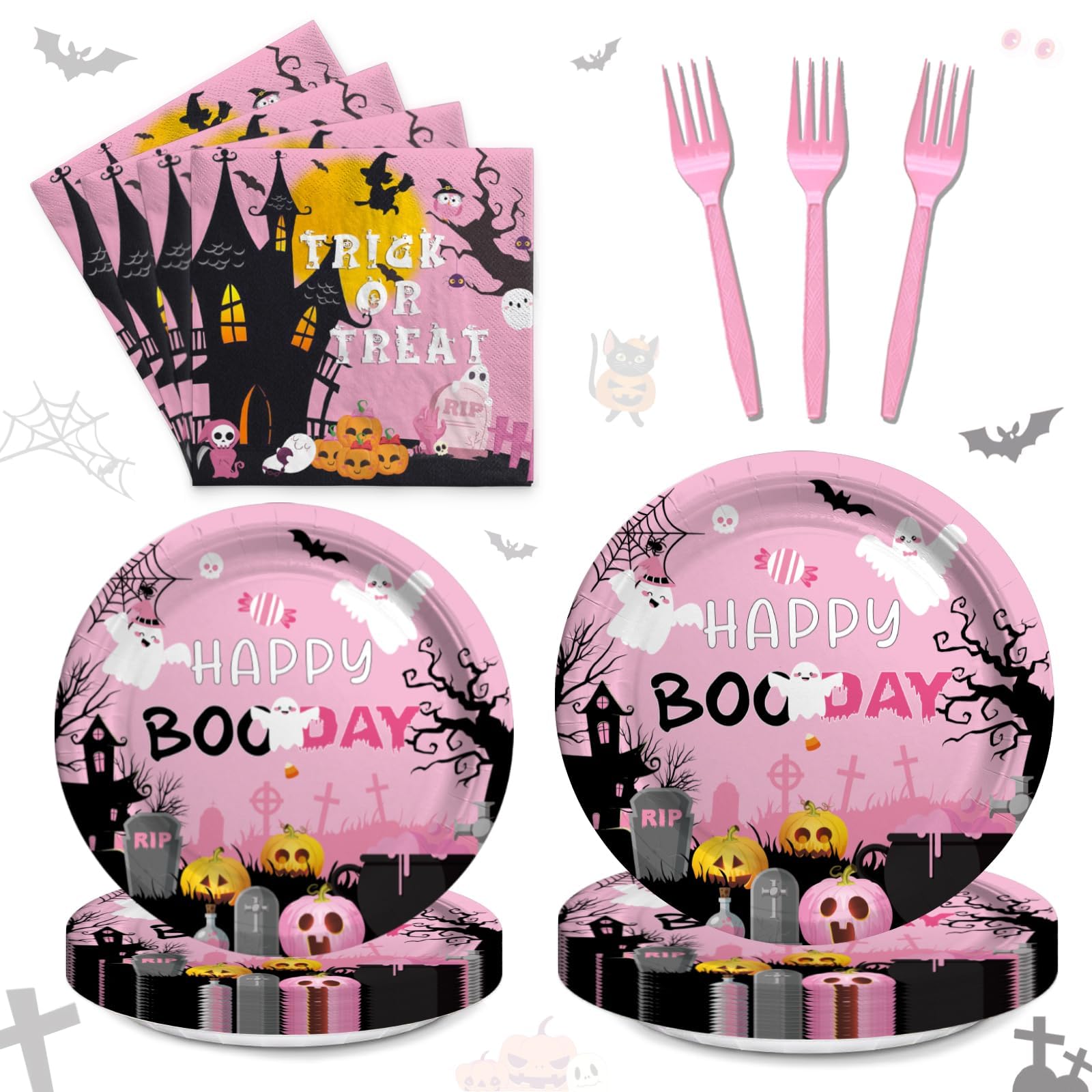 Fiesec Happy Boo Day Party Supplies Tableware Set, Pink Halloween Party Decorations for Girl, Trick or Treat Pumpkin Ghost Face Plates, Napkins, Forks, Serves 24 Guests