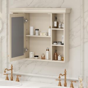 LUMISOL Wall Mounted Bathroom Storage Cabinet with Mirror Door, Modern Bathroom Wall Cabinet with 6 Open Storage Shelves, Wooden Medicine Cabinet for Bathroom, Living Room, Beige