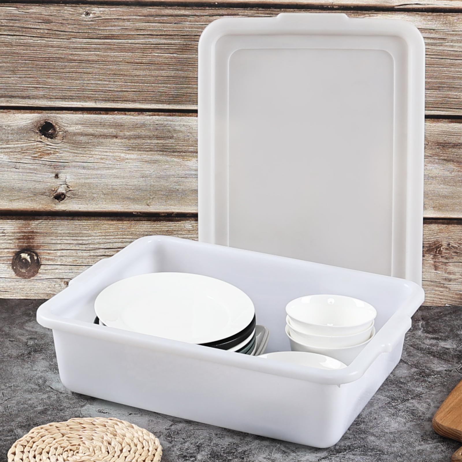 Hespama 3 Pack Commercial Bus Tub with Lid, 13 L Plastic Dishpan Wash Basin, White