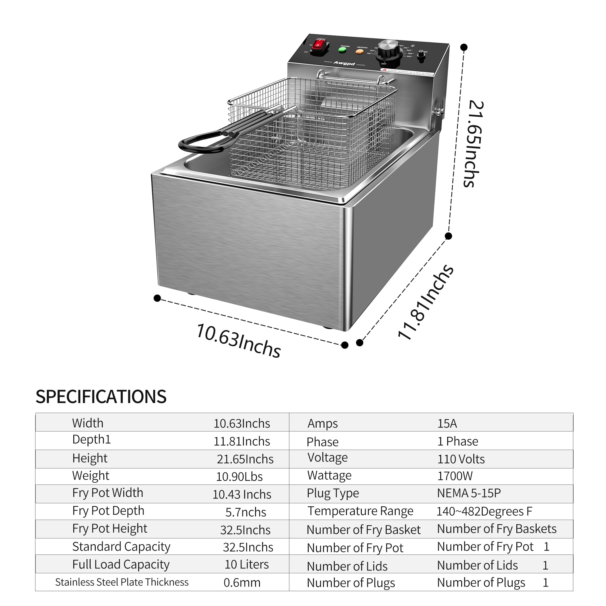 Electric Deep fryer Single Tank Deep Fryer with Basket Capacity 10L(10.5QT) Electric Countertop Fryer Stainless Steel Deep Fryers for Restaurant Home Use, 1700 Watts, 110V (10L)