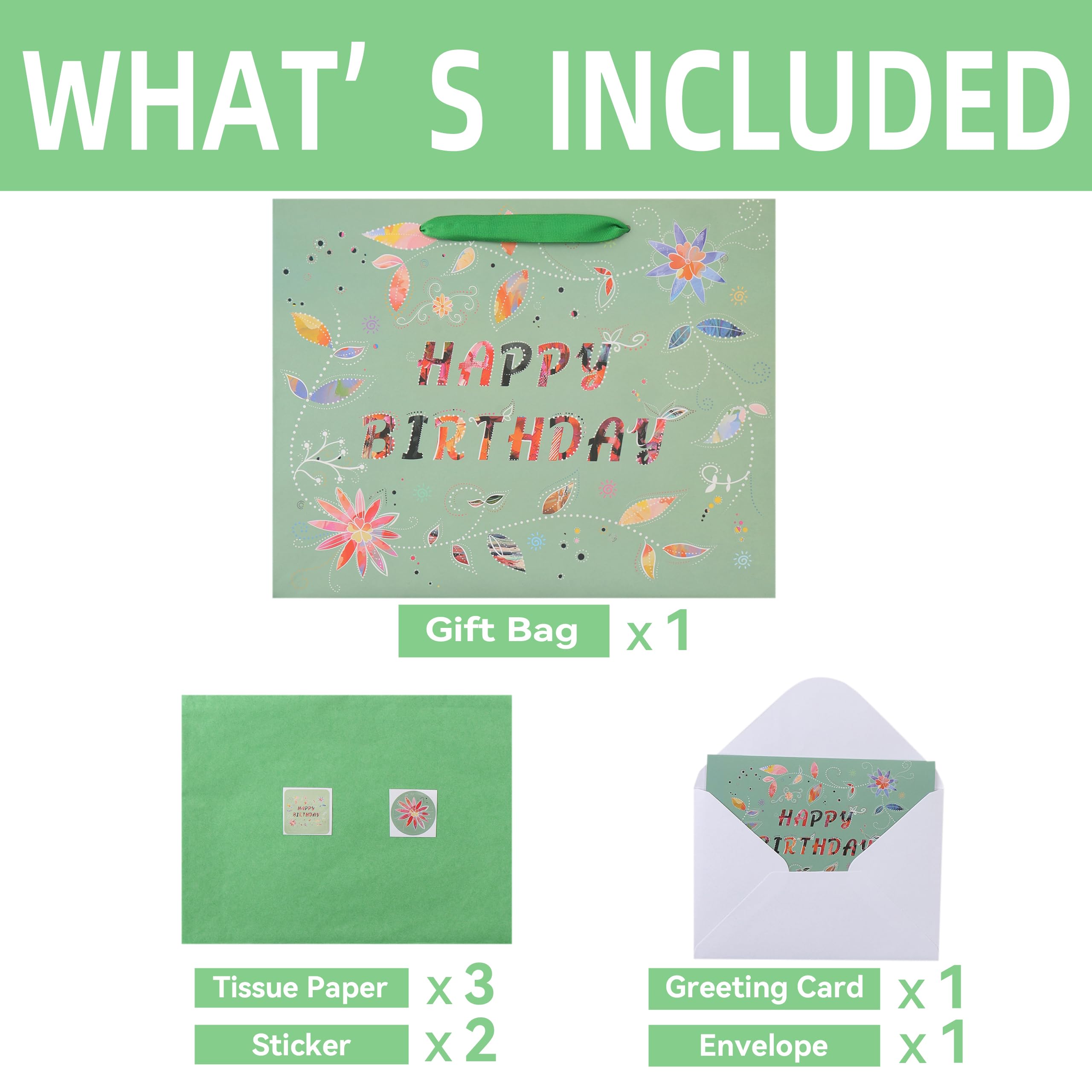 13” Large Happy Birthday Gift Bag Set with Handles, Greeting Card, Tissue Papers and Stickers for Women Girls, Green Floral Design, 1 Pcs