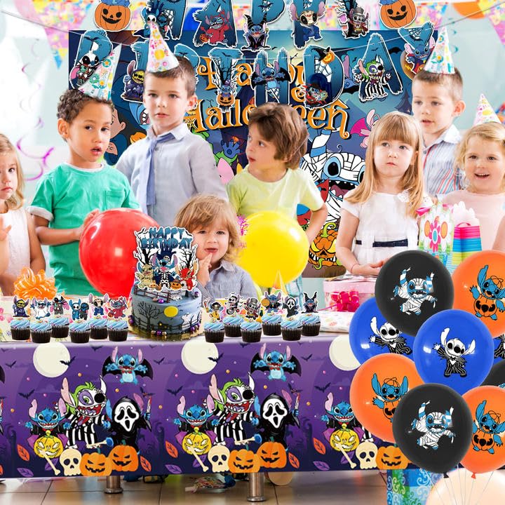 Stitch Birthday Party Supplies, 112 pcs Stitch Party Decorations and Tableware Set-Stitch Plates and Napkins Cups Backdrop for Stitch Birthday Supplies Lilo Stitch party Decorations