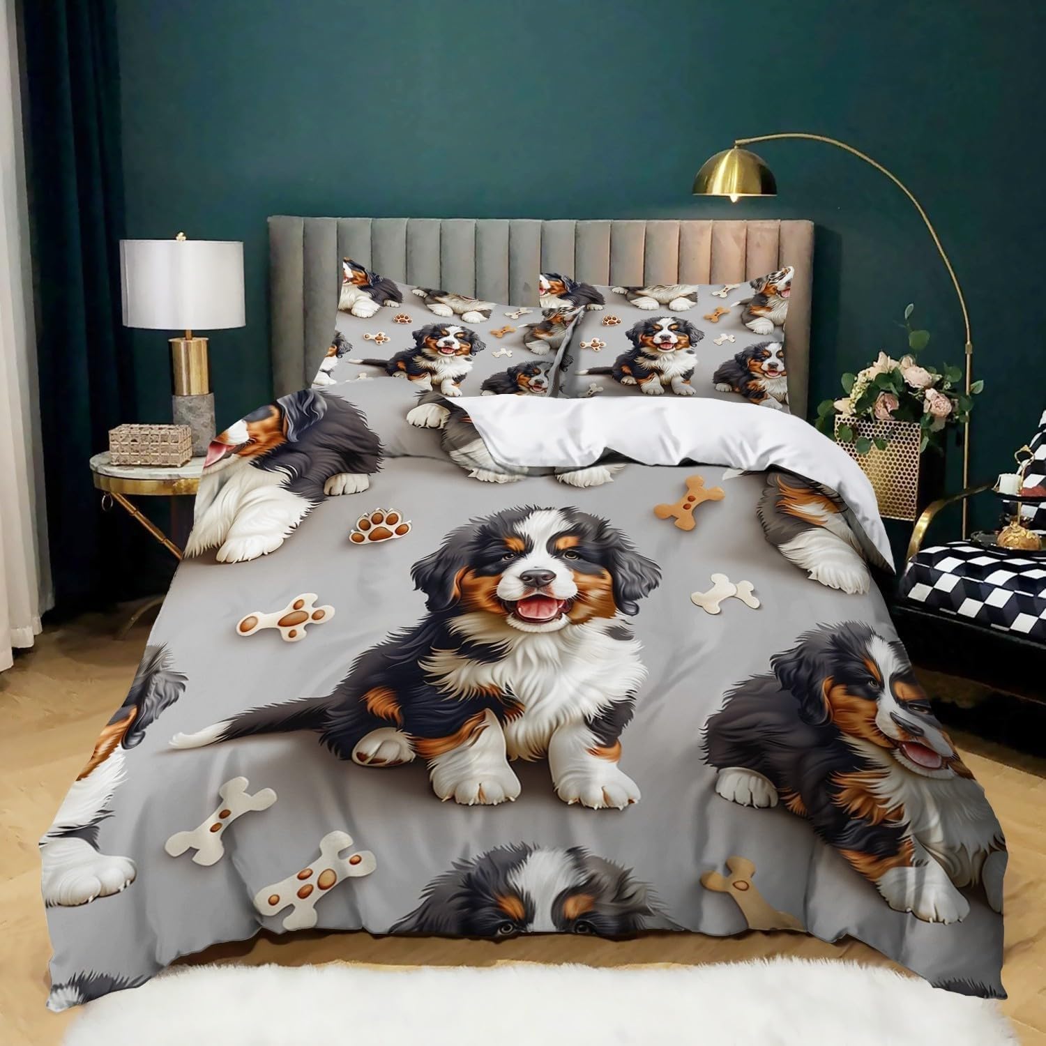 Bernese Mountain Dog Duvet Cover Full Animals Full Size Bedding Sets Soft Skin-friendly, Quilt Cover 80"x90" with 2 Pillow Sham 20"x26" - Zipper Closure and Corner Ties for Kids Teens Adult