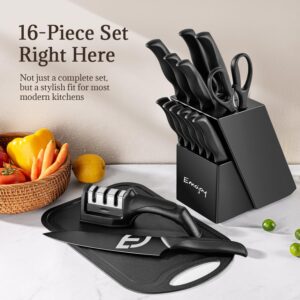 Emojoy Knife Set, 16 Pieces Black Knife Set for Kitchen with 3-Stage Professional Sharpener and Cutting Board, Super-Sharp High Carbon Stainless Steel Kitchen knives, Ergonomic Handle, All Black