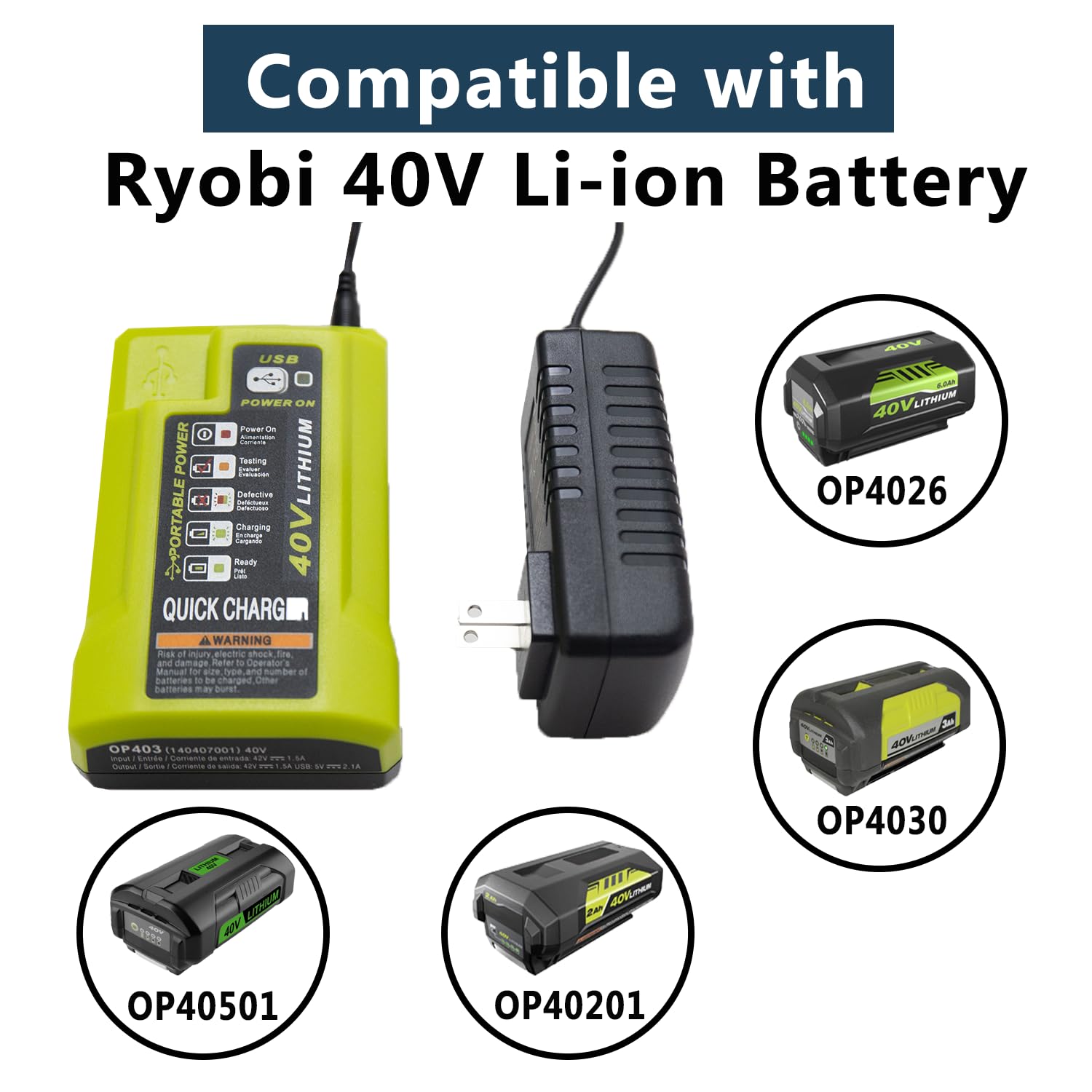 OP403 USB Port Battery Charger Replacement for Ryobi 40 Volt Battery Charger P401A OP403 OP403A OP404A OP400 OP401 OP400A OP406A, Compatible with Ryobi 40 Volt li-ion Battery OP40401 OP4040A OP1020A