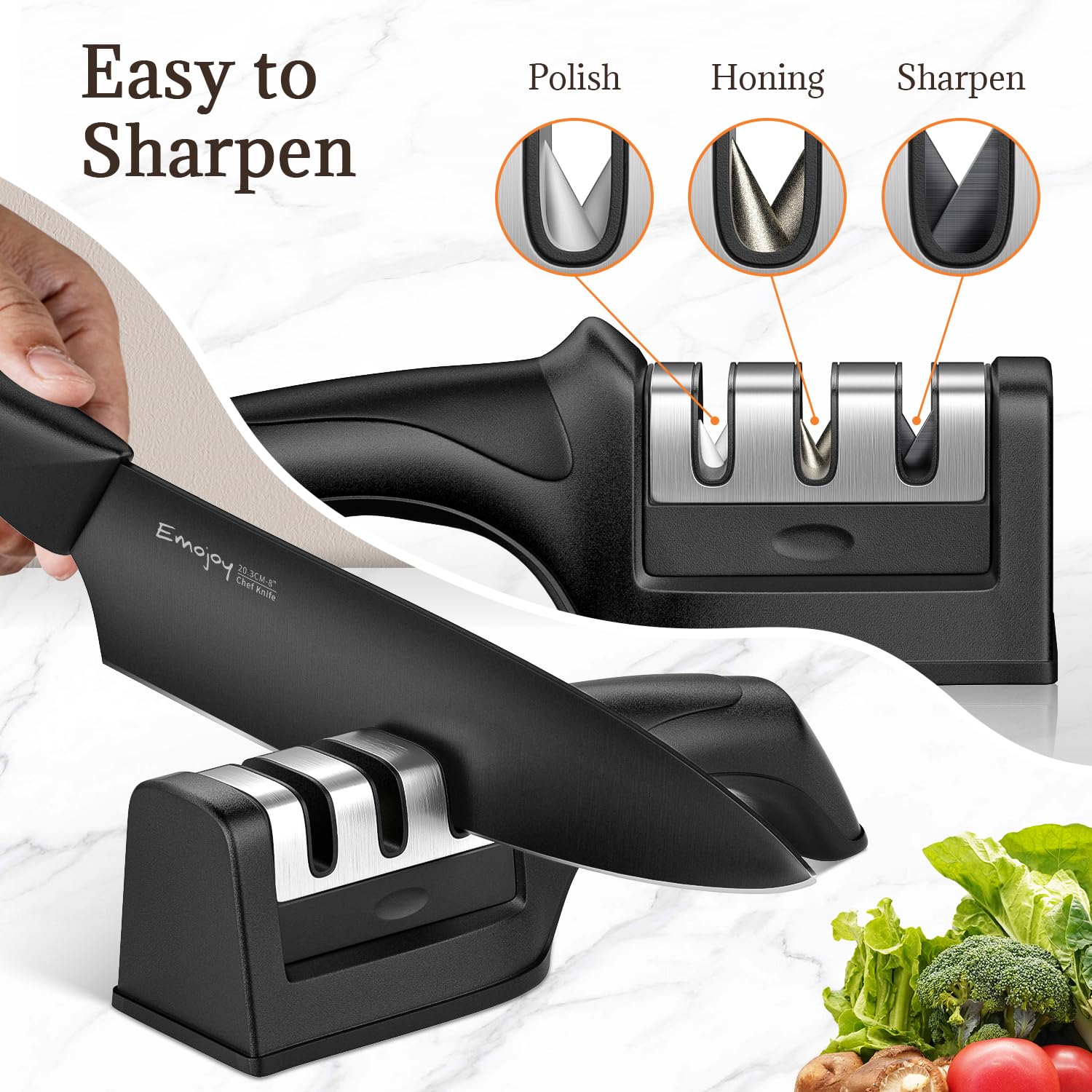 Emojoy Knife Set, 16 Pieces Black Knife Set for Kitchen with 3-Stage Professional Sharpener and Cutting Board, Super-Sharp High Carbon Stainless Steel Kitchen knives, Ergonomic Handle, All Black