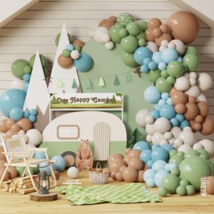 one happy camper birthday decorations,145pcs camping balloon arch garland kit blue green brown balloons for boys kids 1st birthday happy camper forest camping adventure wilderness baby shower party