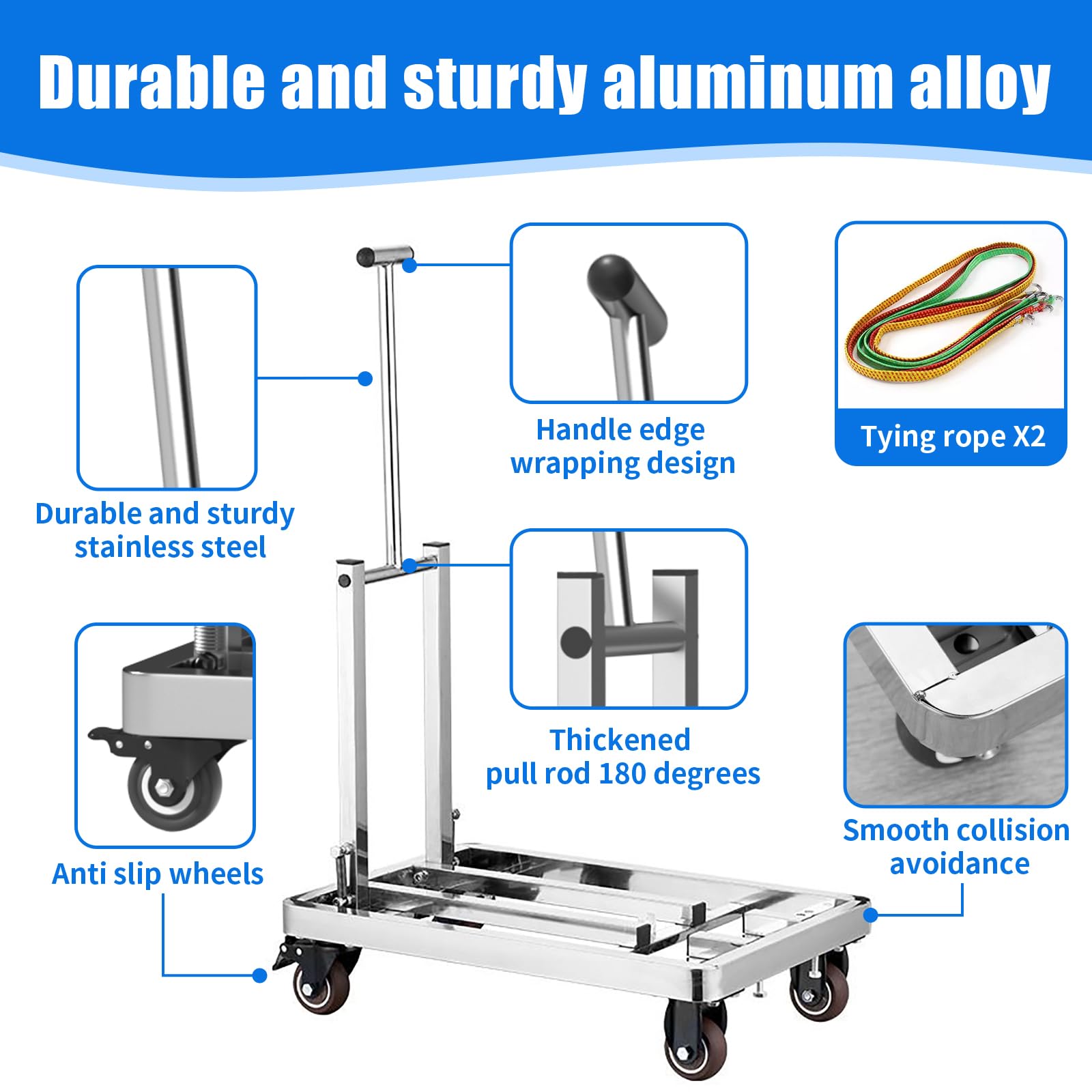 YZNKLXF Folding Hand Truck, 500lbs Stainless Steel Foldable Dolly Cart with 4 Wheels & 2 Elastic Ropes for Luggage for Luggage, Travel,Moving and Office Use, Shopping