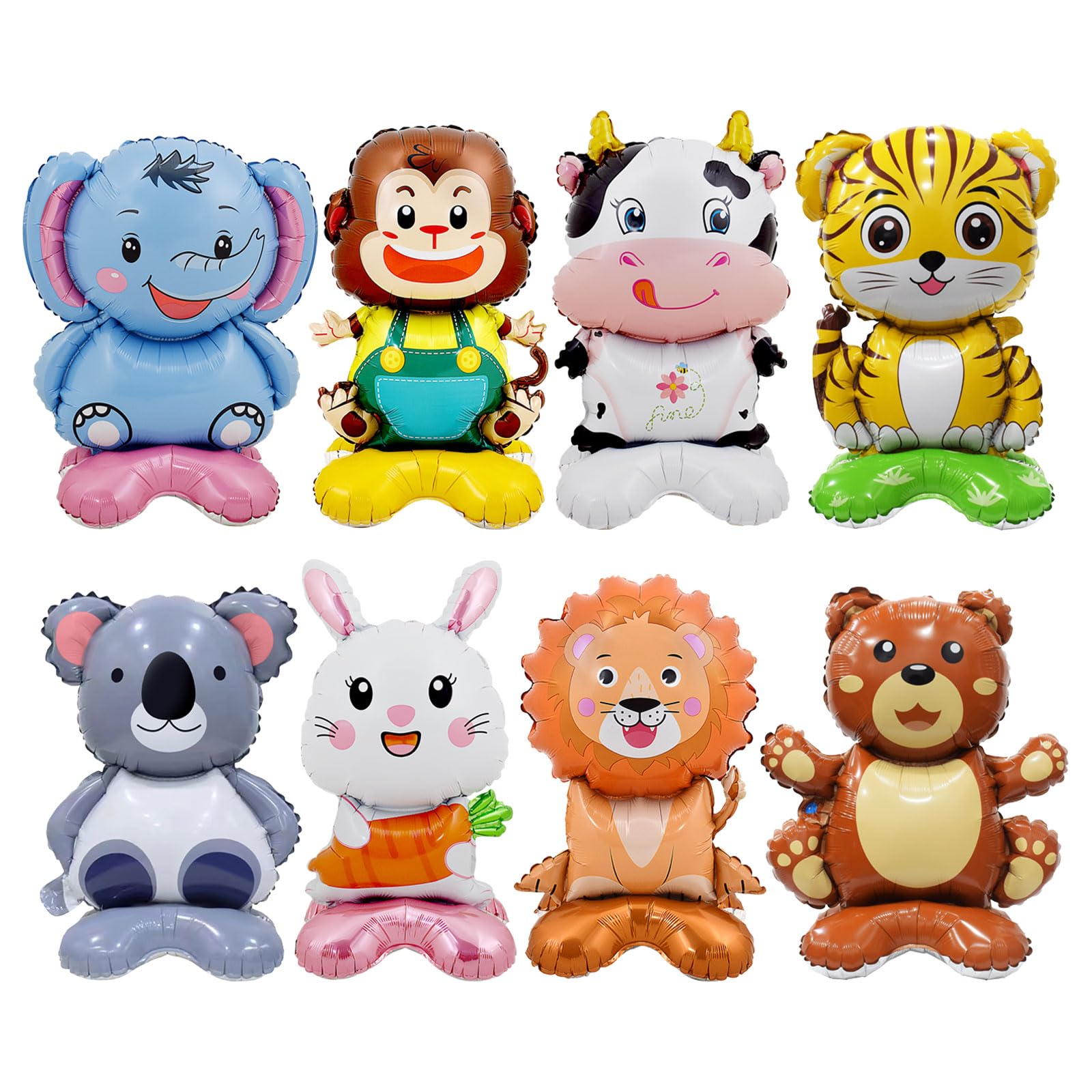 Animal Balloons - 8 Pcs Standing Cute Animal Lion Bear Cow Monkey Koala Tiger Elephant Bunny Foil Balloons Jungle Safari Animal Zoo Themed Baby Shower Birthday Party Decorations